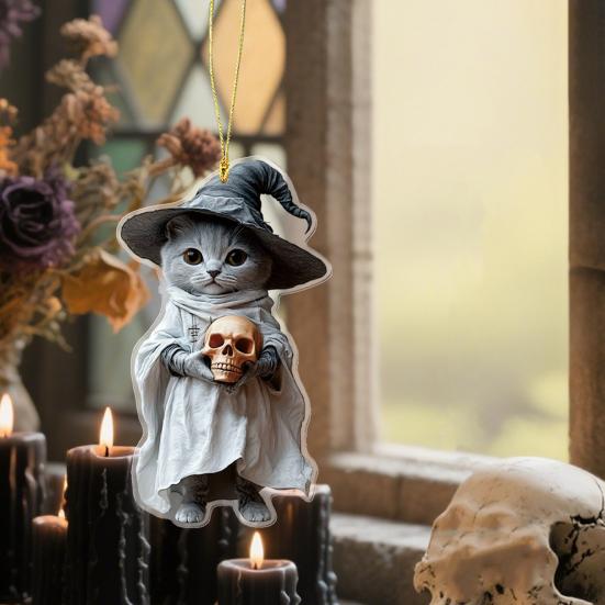 

Halloween Cat Ornament Cute Cat with Witch Hat Pumpkin/Skull Hanging Decoration 2D Flat Acrylic Car Rearview Mirror Charm for Home Window Christmas A