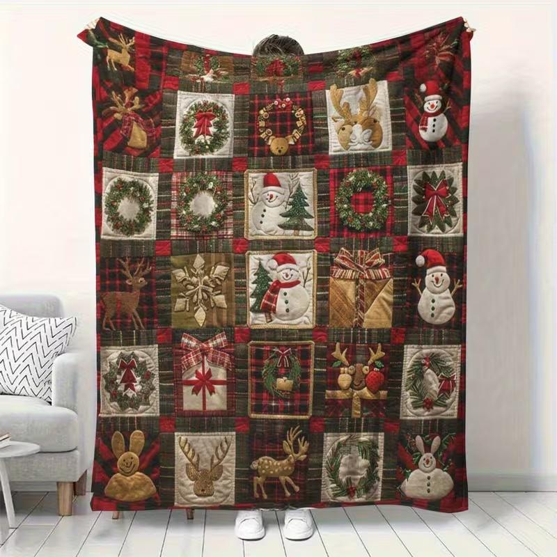 Weihnachts-Patchwork-Decke - Weiche Flanell-Ganzjahres-Rot karierte Überwurfdecke mit Schneemann, Rentier Gemütliche Bettdecke, Sofabezug Decke