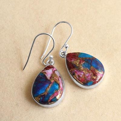 Handmade Pink Dahlia Copper Turquoise Earring 925 Sterling Silver Women Jewelry