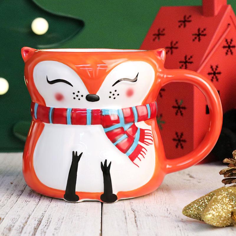Creative Novelty Ceramic Mug Christmas Gift With Cute Cartoon Animal Embossment Handle Water Cup for Tea Coffee Festive Gift
