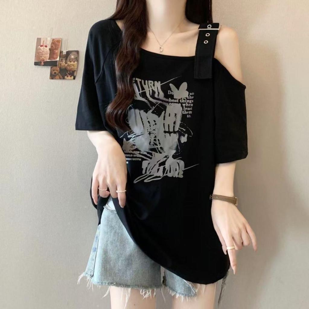 Large size fat mm American retro off-shoulder short-sleeved t-shirt women's design sense summer new loose and thin meat-covering top