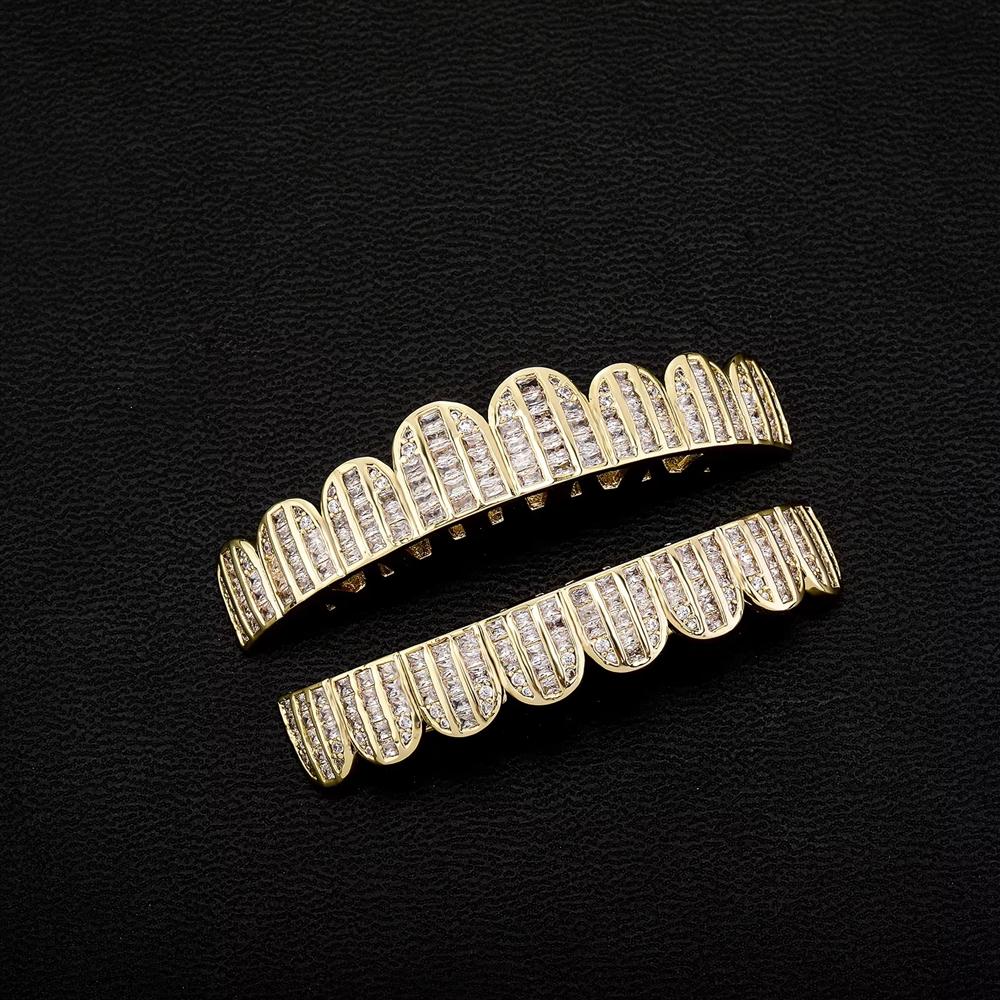 Full Iced Out Micro Pave Grillz Teeth Gold Plated Teeth Body Jewelry Set Hip Hop for Halloween