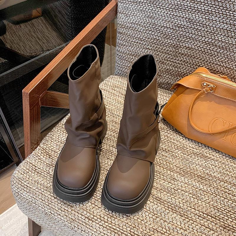 Brown platform Martin boots women's 2025 new spring and autumn heightening trouser boots British style Maillard short boots