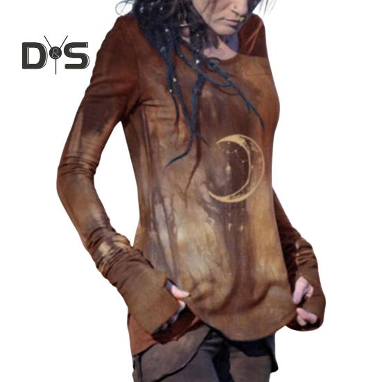 Damer Topper Rund Hals Langermet Månetrykt Skjorte Slim Fit Middels Lengde Elastisk T-skjorte Hverdagsklær