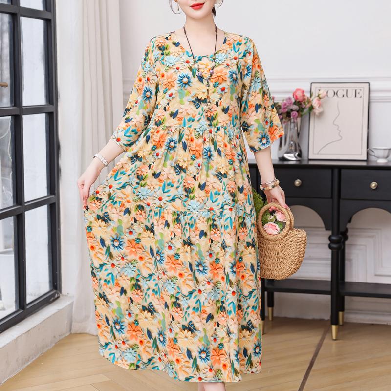Vestidos casuales de talla grande para mujer Verano Ropa vintage Manga tres cuartos Vestido largo elegante