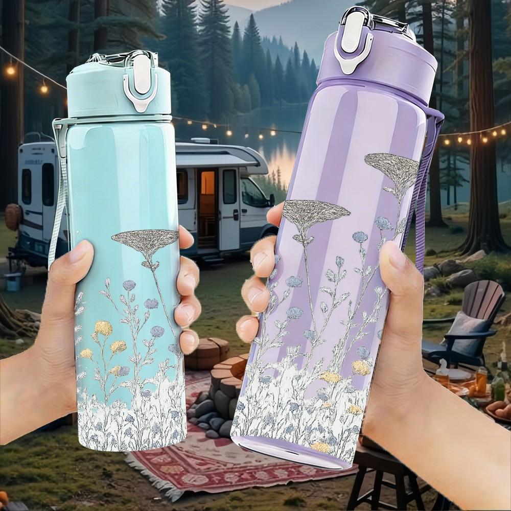1PC Wild Grass Daisy Floral Border 750ml Color Plastic Sports Water Bottle Leakproof Flip Straw Lid For Sports Office Home Use