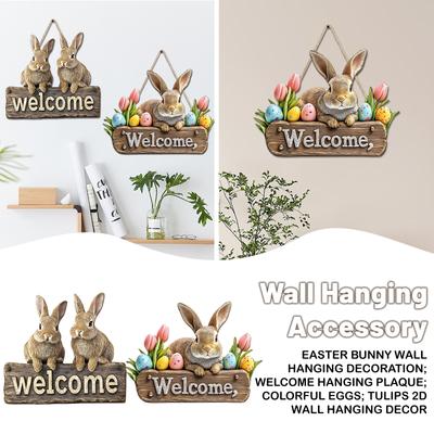 Easter Bunny Wall Hanging Decoration; Welcome Hanging Plaque; Colorful Eggs; Tulips 2D Wall Hanging Decor.
