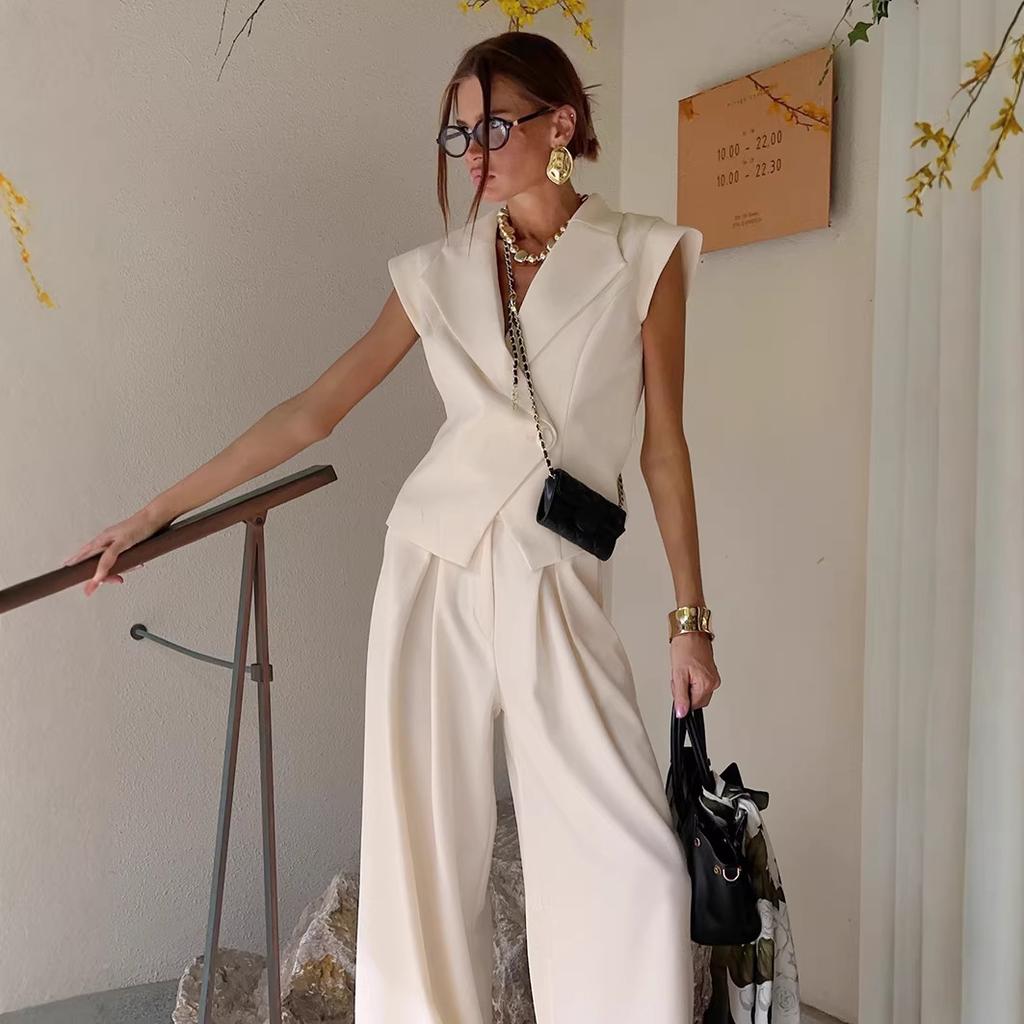 European and American women's clothing suit khaki niche sleeveless vest suit collar top suit wide-leg pants two-piece suit