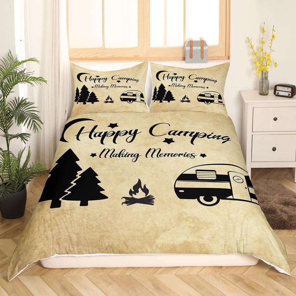 Camping Bedding Set Twin King Full Size For Teens Adult Duvet Cover Happy Camping Comforter Cover 3 Pieces With 2 Pillowcase