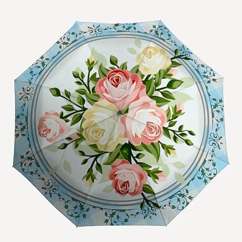 1pc Roses Floral Pattern Automatic Folding Umbrella - 8-Rib Durable Iron Frame, Compact Portable for Daily Travel Yy251205075