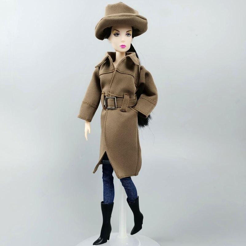 Winter Warm Fashion Office Khaki Coat for Barbie Doll Outfits Clothes Hat for Barbie Doll Black High Heel Shoes for 1:6 BJD Doll