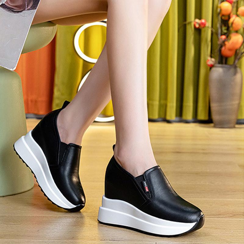 Spring Autumn Wedges Shoes Women Fashion Sneakers Genuine Leather Height Increasing 10cm Black White Shoes
