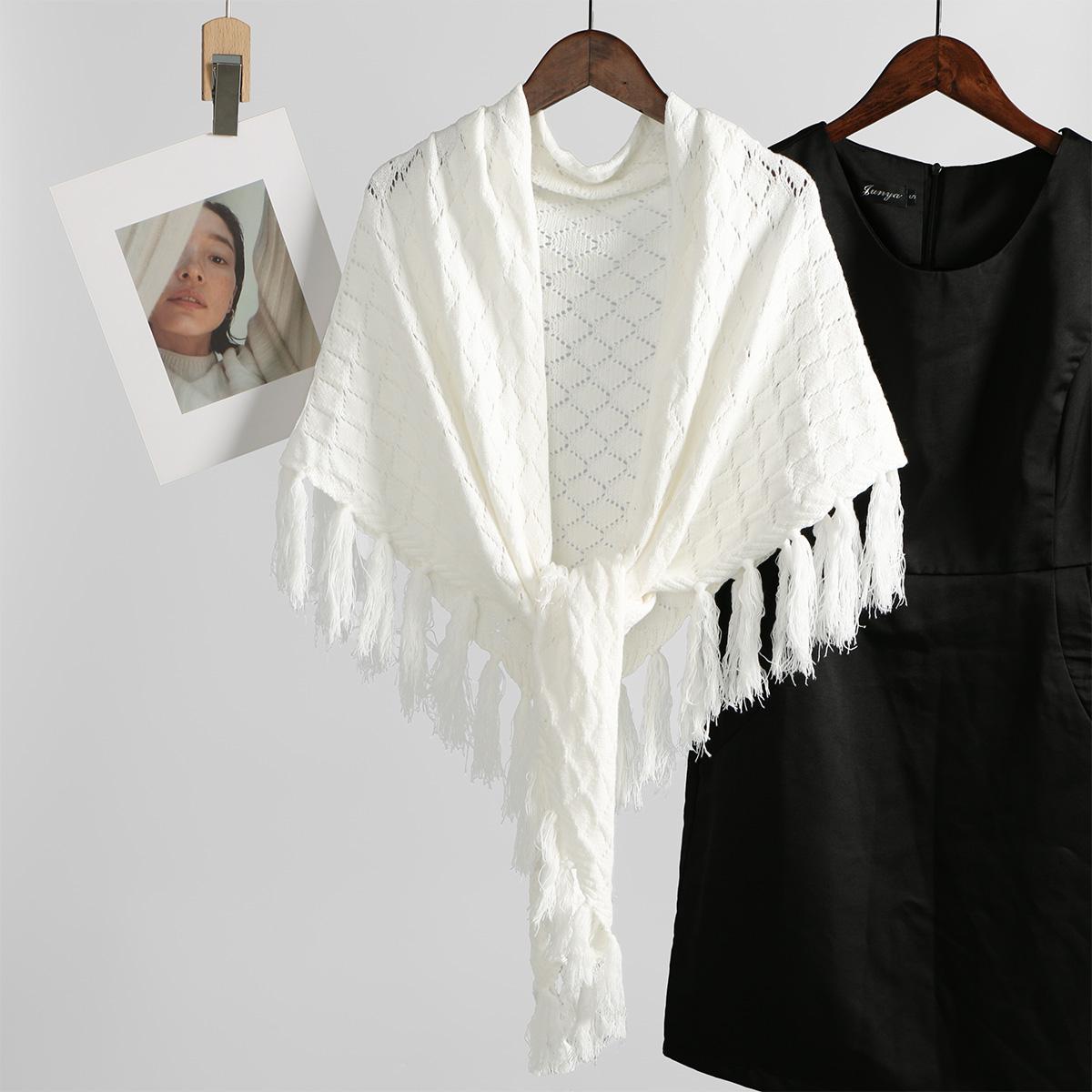 

Women Knitting Plain Color Triangular Shawl Wrap Shoulder Wrap Cloak Pashmina Tassel Shawl Wraps Autumn And Winter Warm