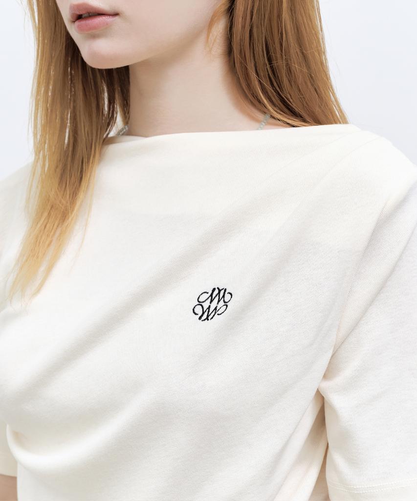 Nigaennikol Half Shirring Drape Boat Neck Top_Cream