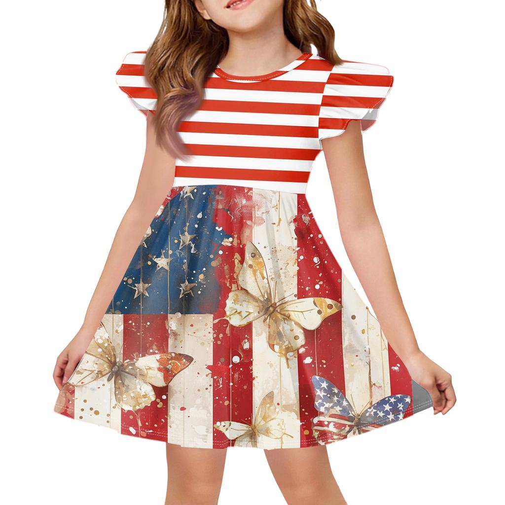 Girls Flutter Sleeve Dress Independence Day Patchwork Design Round Neck Casual Party Dress for Kids