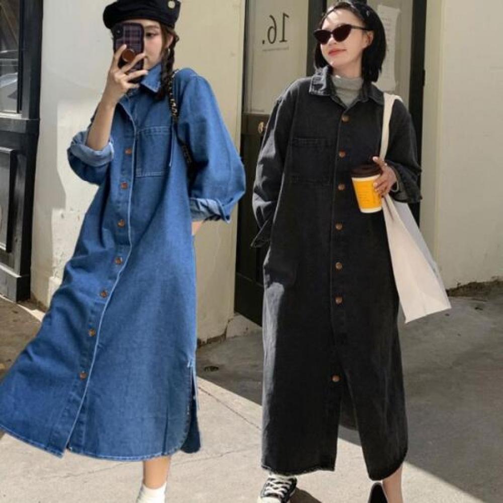 New Arrivals Open Run Women Denim Shirt Long Dress