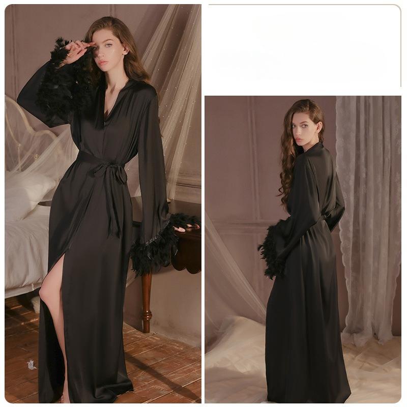 Damen Luxus Federbesetzter Morgenmantel Sexy Entspannter Stil Offen Vorne Loungewear Nachtwäsche