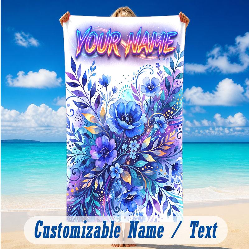 Floral Garden Theme Beach Towel Personalized Custom Name & Text Soft Quick Dry Beach Towel for Swimming Travel
