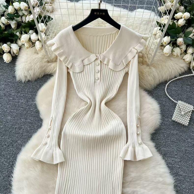 French Retro Contrasting Colors, New Navy Collar Knitted Dress, Spring Slim and Thin Temperament Lotus Leaf Dress