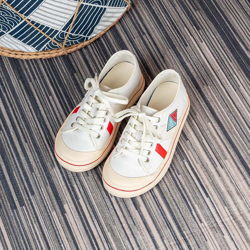 Retro Canvas Shoes Women's 2025 New Flat-bottomed Contrasting Color Splicing Casual Board Shoes Low-top Lace-up Breathable Little White Shoes