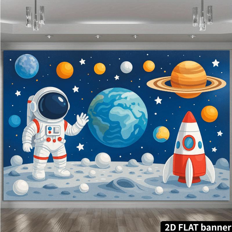 2D Planar Dreamy Space Astronaut Background Fabric. Astronaut + Planetary Rocket + Star Decorations Polyester