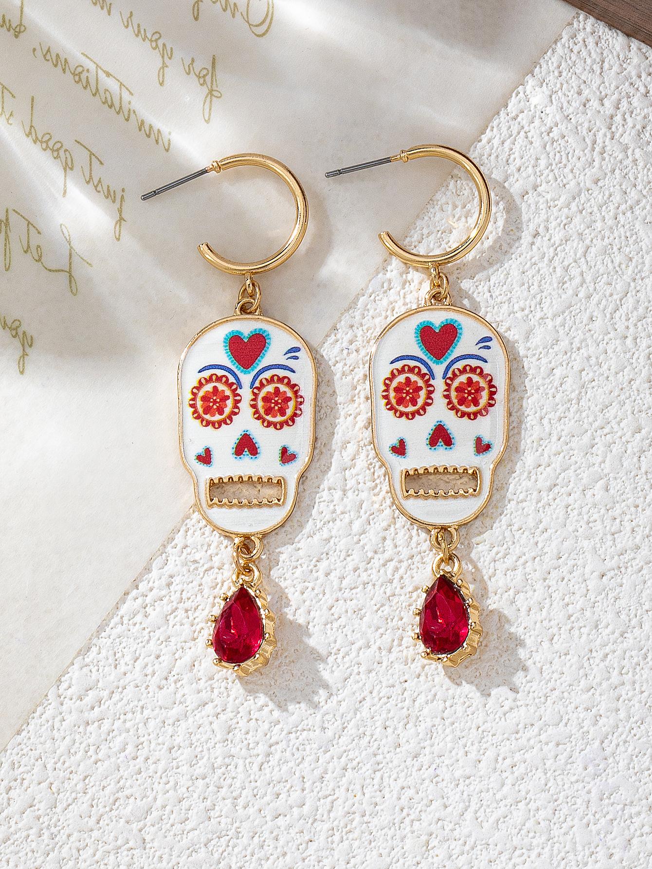 Серьги-гвоздики с принтом черепа, инкрустированные красной каплей, с бахромой, мультяшные хэллоуинские серьги