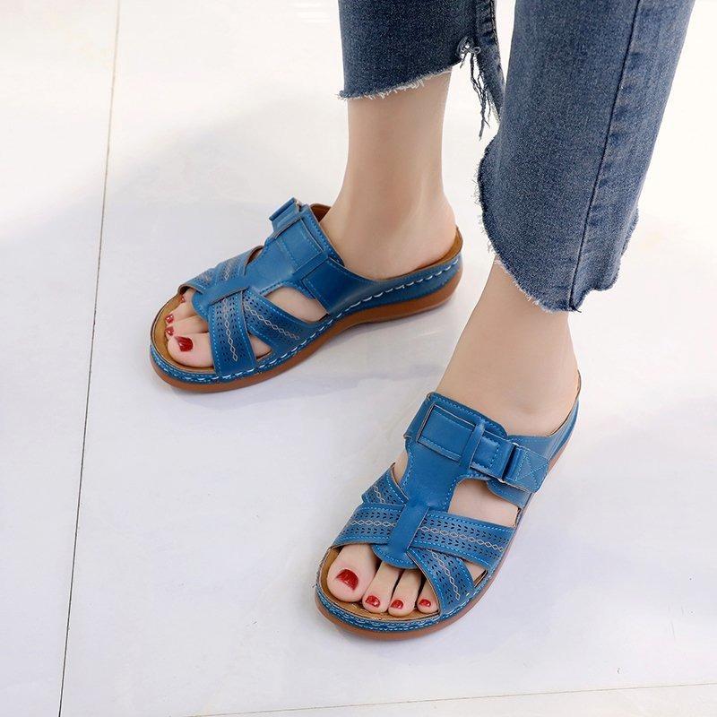 Women's Shoes 2 Summer New One-character Hollow Fish Mouth Wedge Heel Velcro Cool Slippers Women's Large Size Women's Shoes