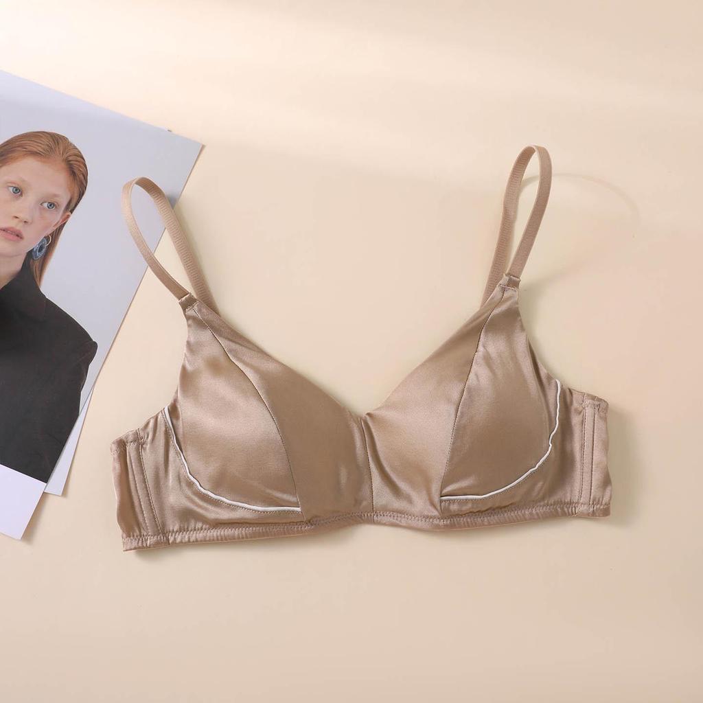 Mulberry Silk V-Neck Wireless Bra - Satin Smooth, High Side Support, Fashionable Color Block Design, Comfortable Fit.