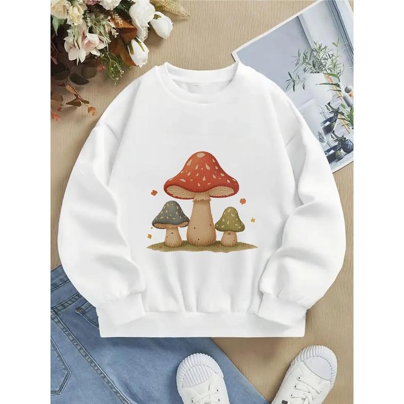 Girls' Crewneck Sweatshirt - Mushroom Forest Whimsical Pattern Print Machine Washable, Sportswear And Casual Wear, Soft And Comfortable