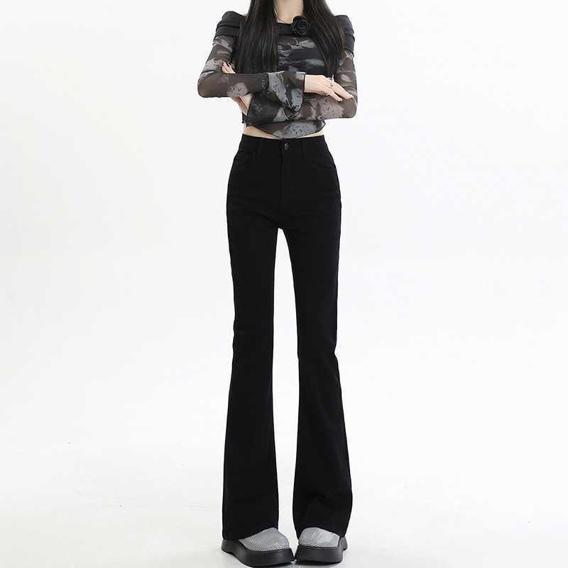 Women's High-Waisted Black Stretchy Slim Micro-Flare Jeans with Velvet Lining