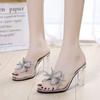Cool Slippers Outer Thick Heel Summer High Heel Transparent One-word Slippers Crystal and Half-tow Bow