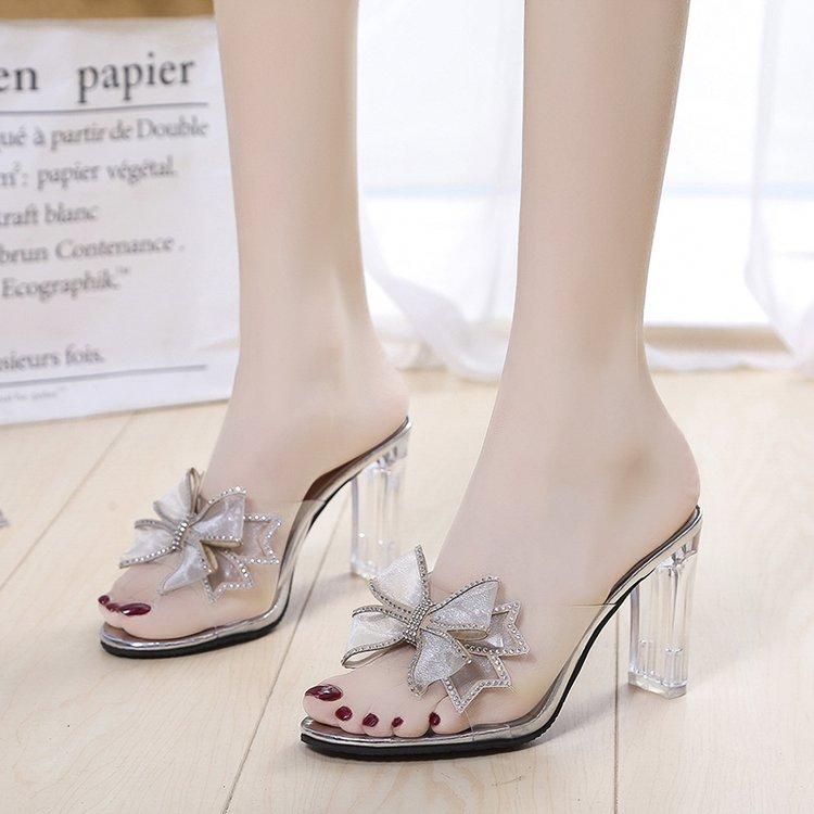 Cool slippers outer thick heel summer high heel transparent one-word slippers crystal and half-tow bow