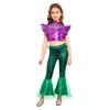 Costume da Sirena per Bambini 2 Pezzi Canotta Metallizzata Senza Maniche con Strass Crop Top Arricciato con Elastico in Vita Pantaloni a Zampa Arricciati Stampa a Squame di Pesce