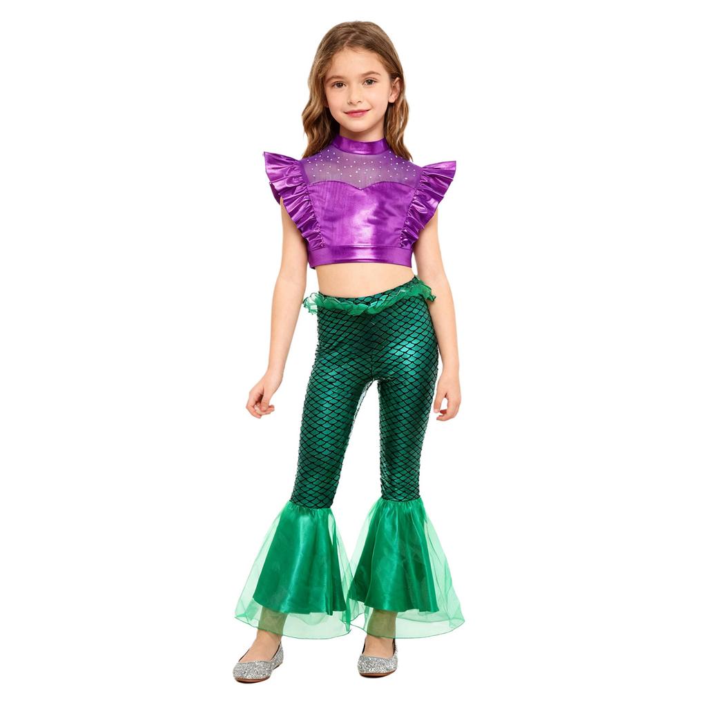 Costume da Sirena per Bambini 2 Pezzi Canotta Metallizzata Senza Maniche con Strass Crop Top Arricciato con Elastico in Vita Pantaloni a Zampa Arricciati Stampa a Squame di Pesce