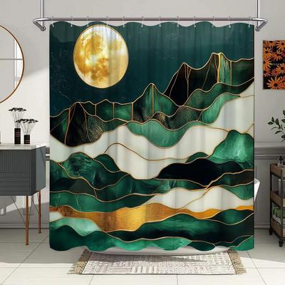 Mountain Moon Art Shower Curtain - Modern Abstract, Dark Teal & Green Geometric Patterns, Polyester, , Artistic Bathroom Decor
