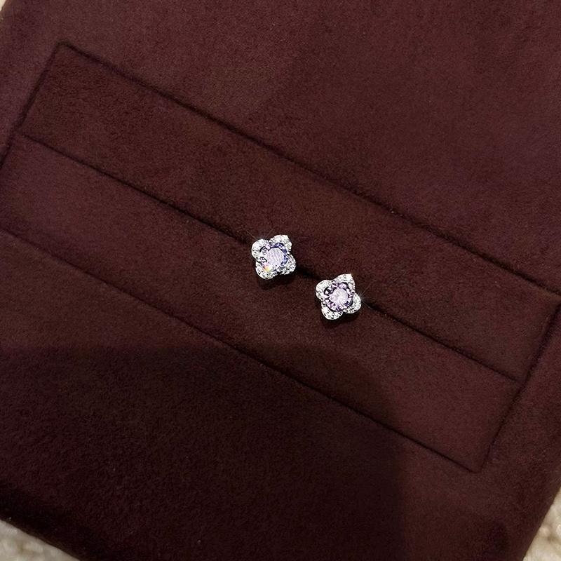 Orecchini a Bottone Viola Fiore in Argento Sterling Placcato Oro Bianco con Pietre di Zircone - Stile di Nicchia Chic Retrò di Alta Gamma