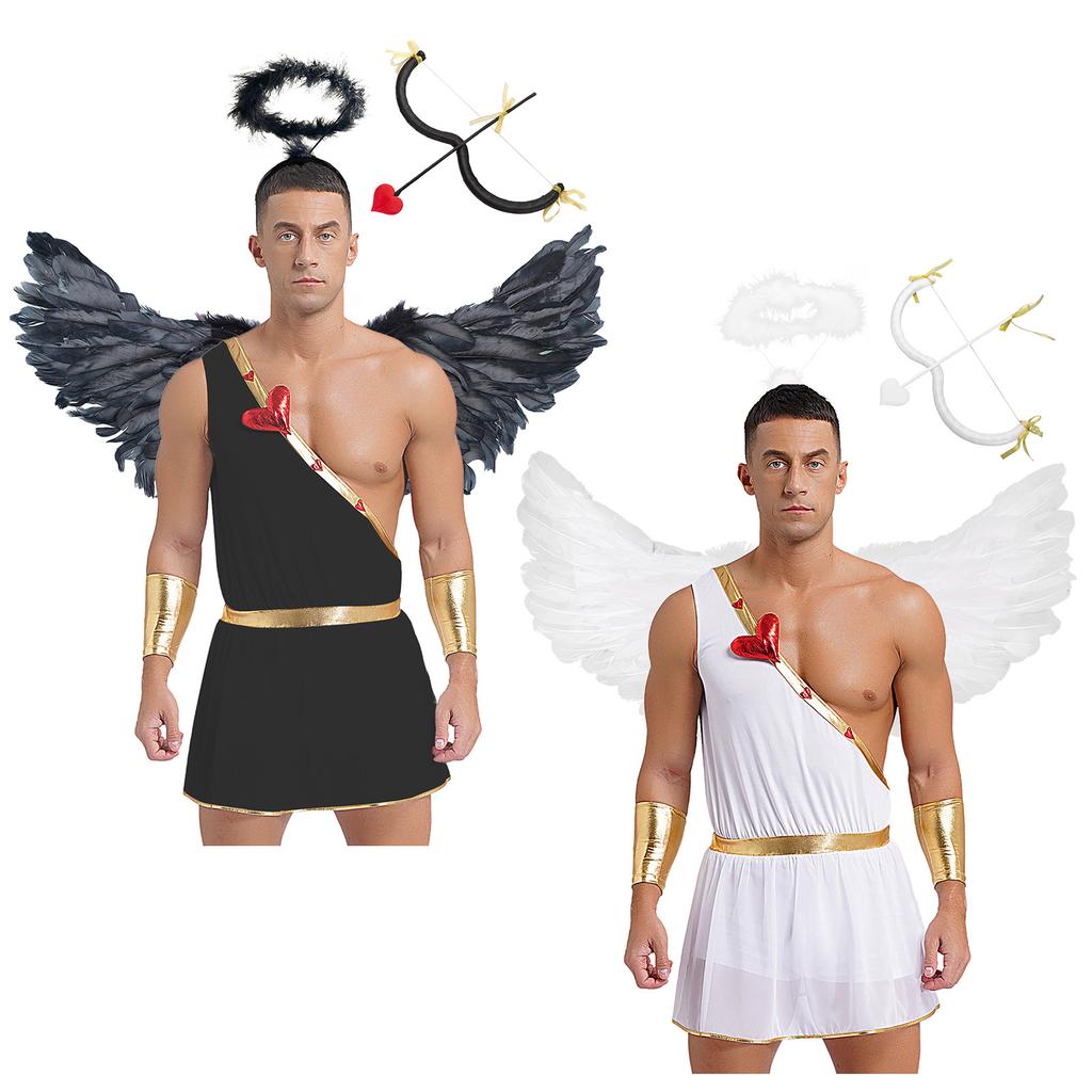 Mens Valentine Cupid Costume Set Romper Jumpsuit Detachable Sleeves Feather Angel Wings Headwear Bow Arrow Included