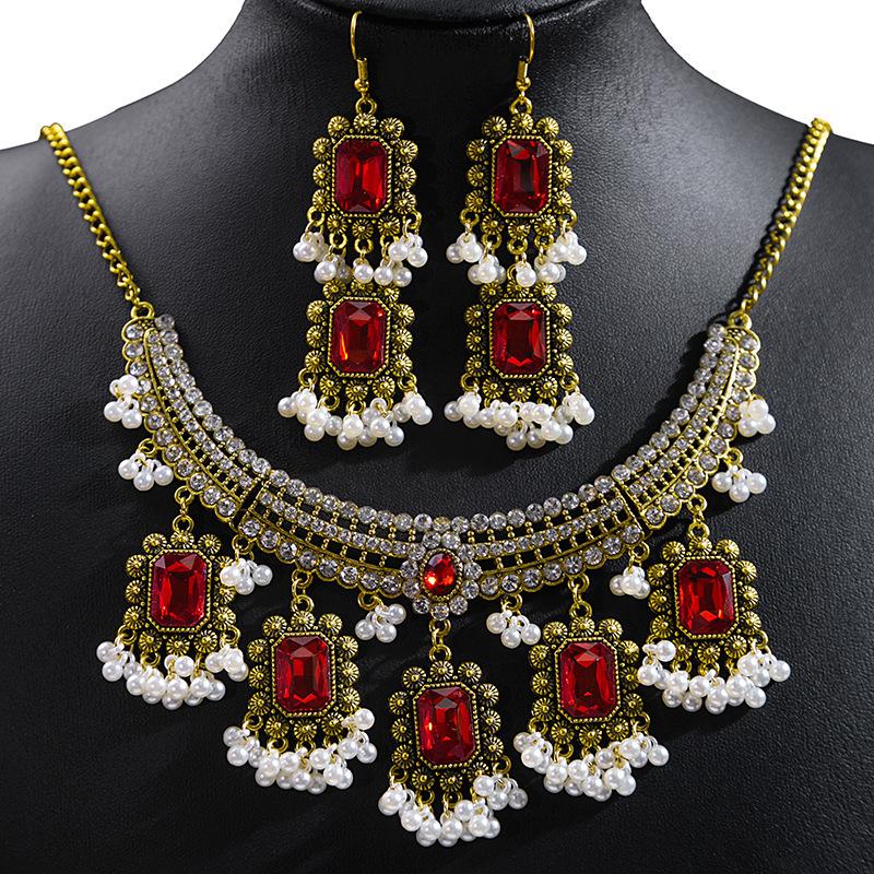 Bohemian Crystal Jewelry Set Fashion Vintage Ethnic Gemstone Tassel Necklace Earrings Set