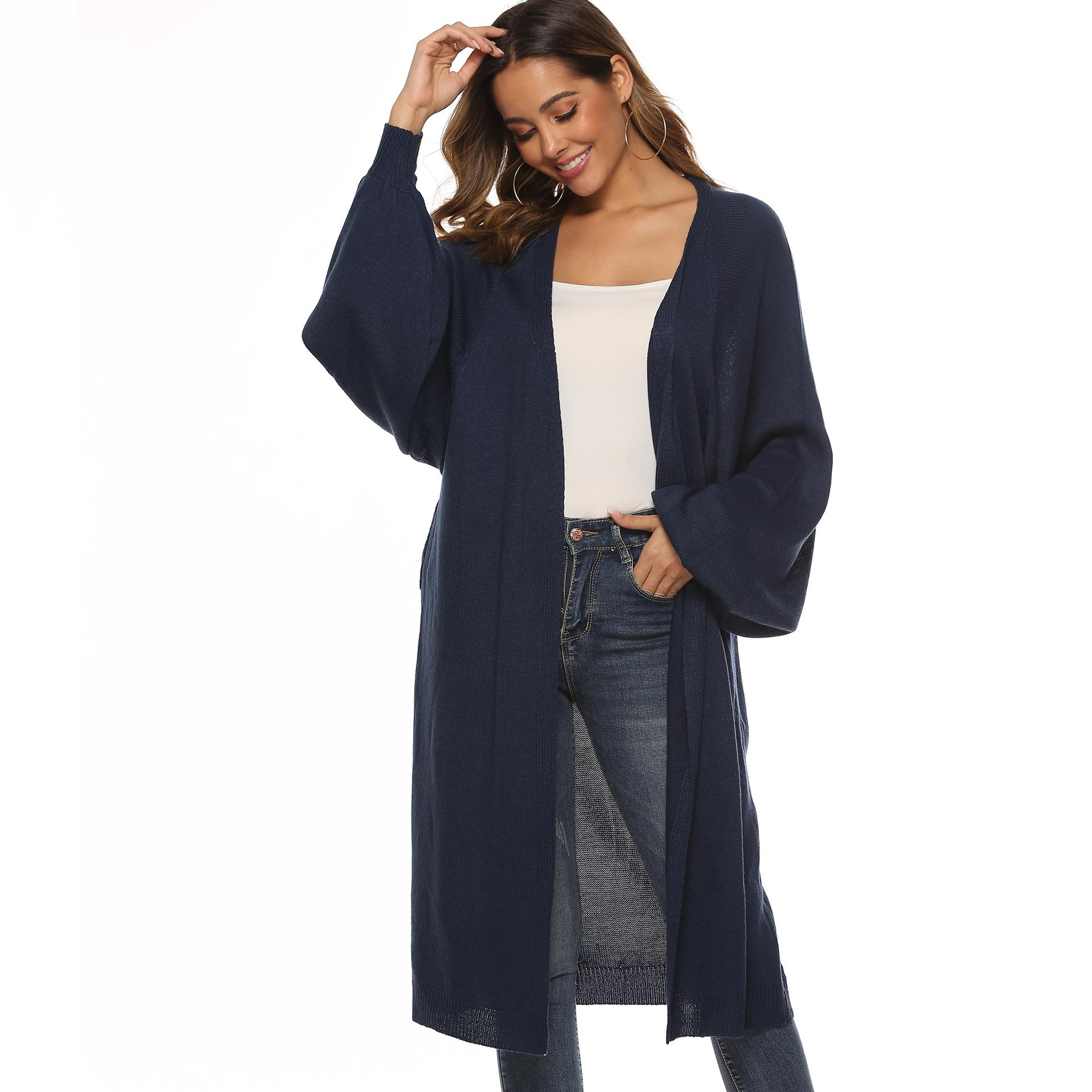 

Женский однотонный расклешенный свитер с длинными рукавами и рукавами «летучая мышь» XL темно-синий