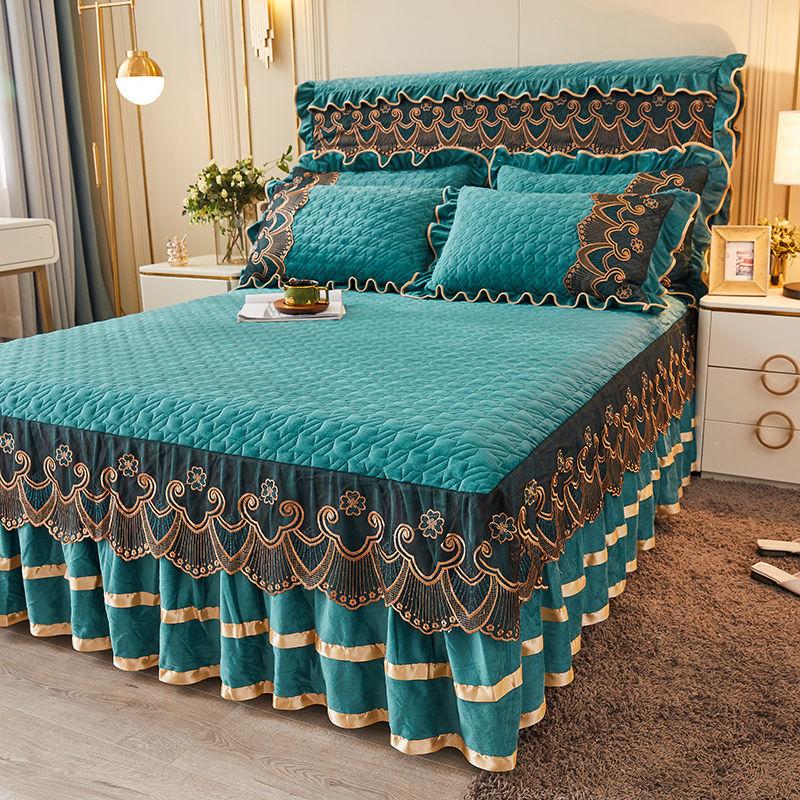 Quilted Bed Skirt Set with Heart Embroidery Lace Trim and Tie-Up High Drop  Includes 1 Bed Skirt and 2 Pillowcases