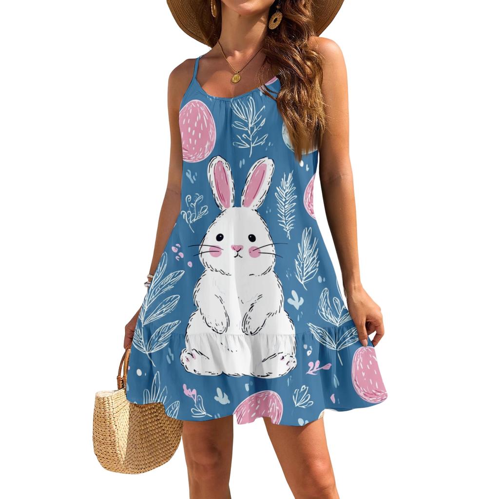 Robe décontractée élégante sans manches à bretelles ample pour femme avec imprimé plage et Pâques