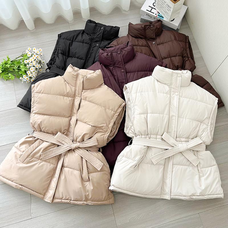 Fashion Winter Warm Vest Woman Outerwears With Belt Sleeveless Parka Casual Thick Women's Jackets