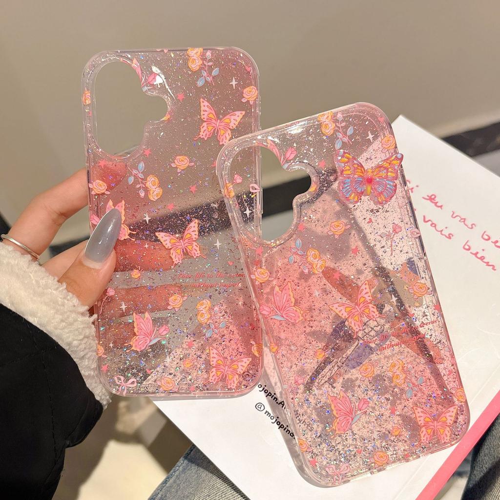 Pink Flower Butterfly for Apple 16 Mobile Phone Case iPhone17promax Transparent Glitter IMD Case 15/14