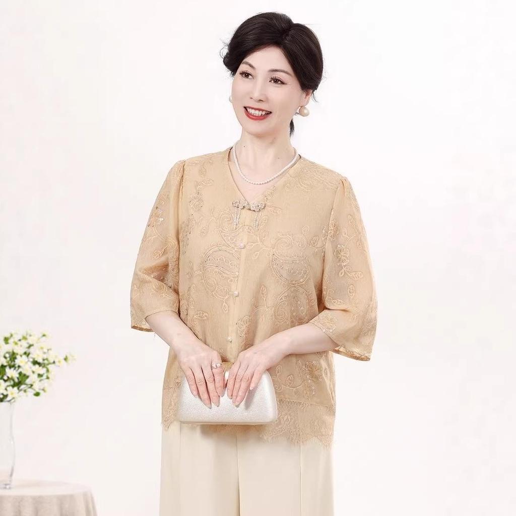 2026 Early Spring Chinese Style Sequin V-Neck T-shirt for Middle-Aged & Elderly Women
