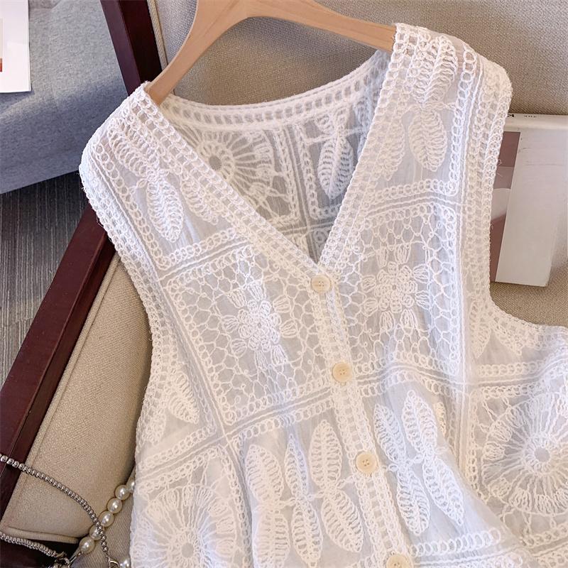 DIMANAF 2025 New Short Vest T-Shirt Women Sleeveless Buttons Knitting Lace Vest V-Neck Summer Style Basic Tops Tees Loose Clothing