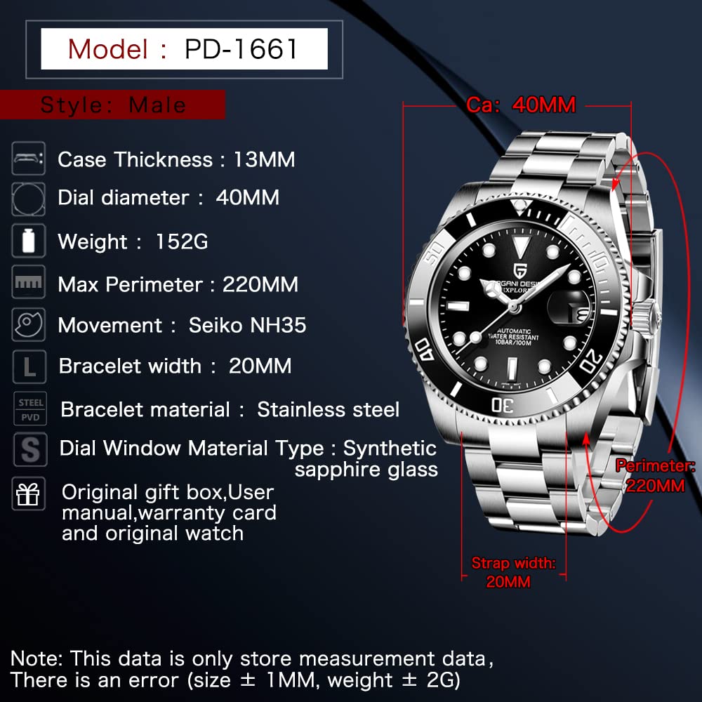 Pagani Design Men's Watch Made In Japan SEIKO NH35 Movement Submariner Diver Automatic Mechanical Case Waterproof Ceramic Bezel Business Work Dress
