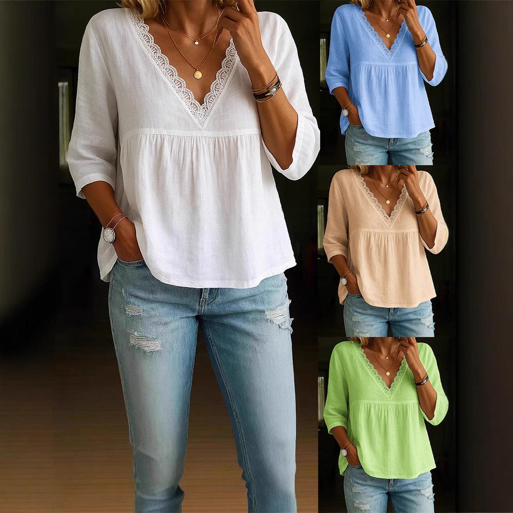 

Women s V-Neck Lace Trim Blouse 3/4 Sleeve Loose Fit Tops in Blue Beige Green S білий