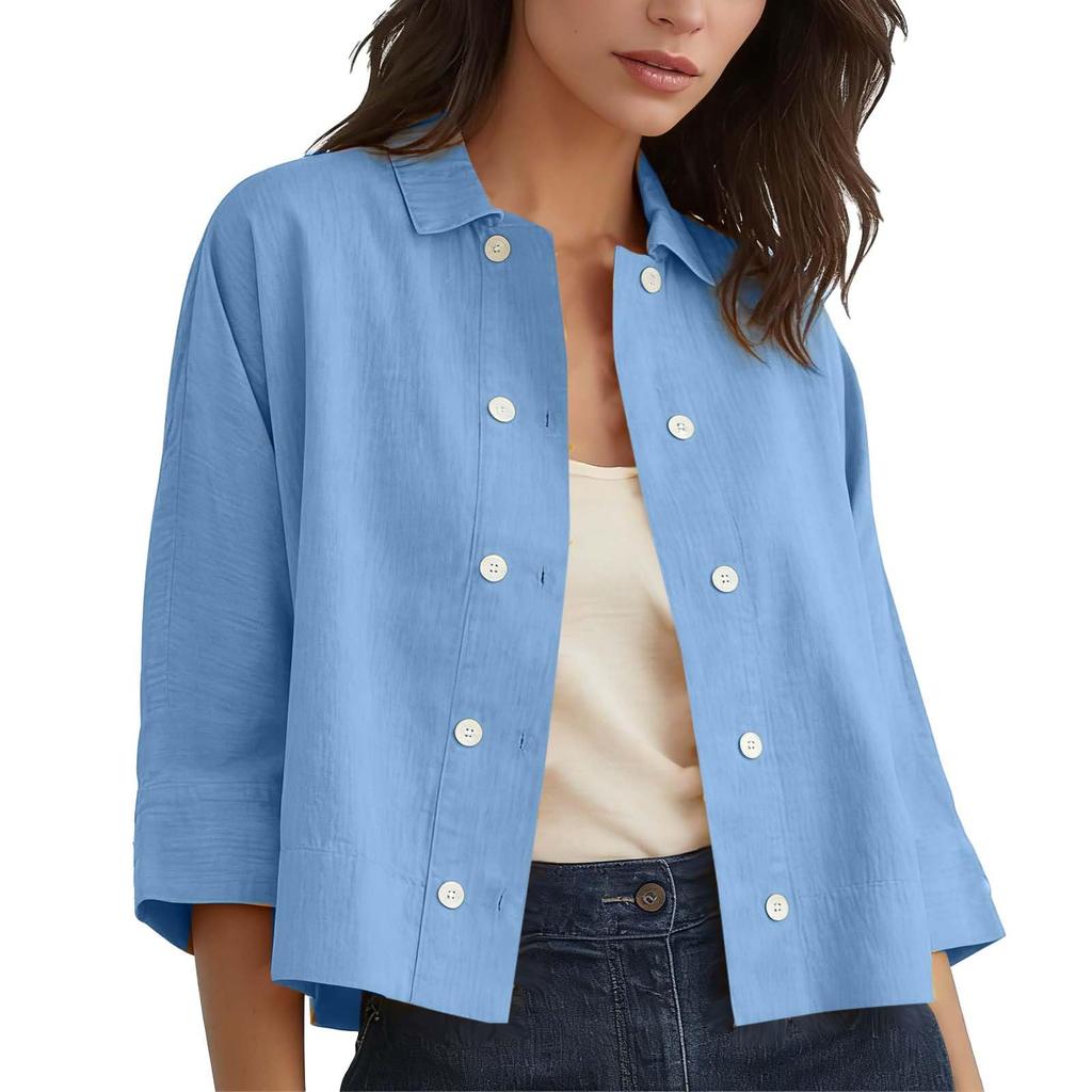 Women's Fashion -Color Cotton And Linen Double-breasted Short Half-sleeved Cardigan Top