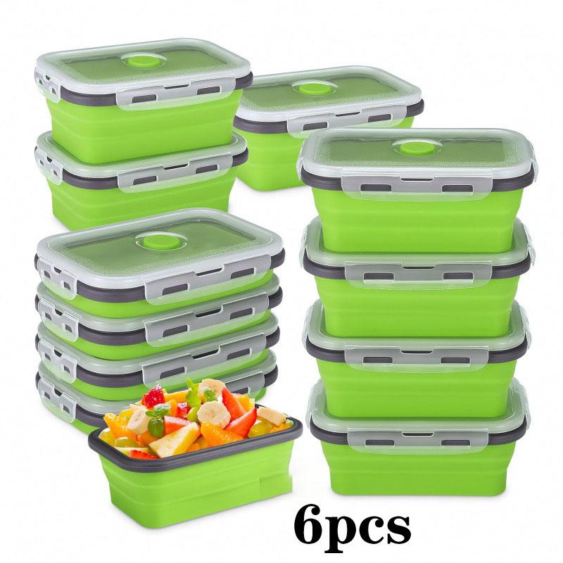 6pcs Collapsible Silicone Food Storage Container Stackable Space Saving Lunch Box Microwaveable Foldable Kitchen Accessories