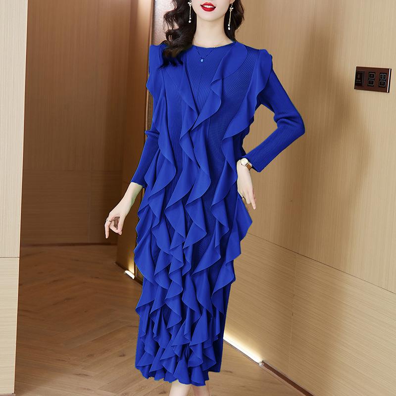 Miyake 2024 Spring Lotus Leaf Pleated Dress - Women's Layered Three-Quarter Sleeve, Round Neck, Plus Size